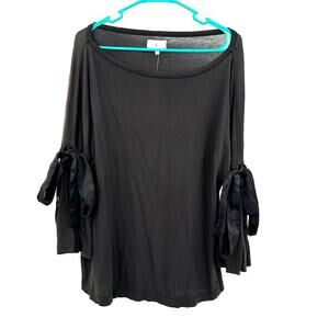 Lou‎ & Gray Size Large Blouse Black Long Bell Sleeve Bow Tie Round Neck NWT